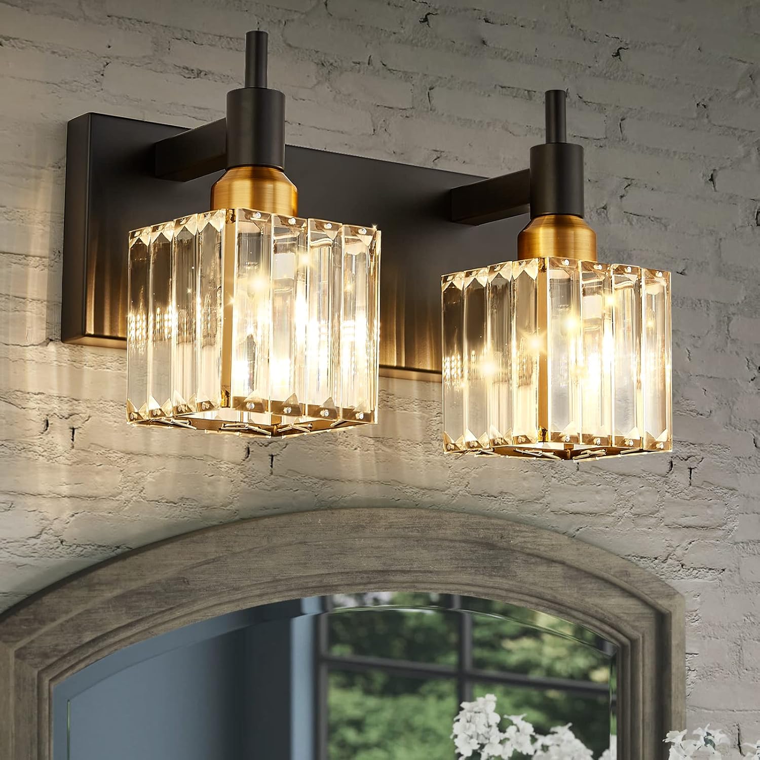 Modern Crystal Bathroom Vanity Light 3-Light Brass Wall Light Fixtures Over Mirror Black and Gold Vanity Lighting for Bathroom Square Shade Brass Wall Sconce - Grand Goldman