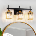 Modern Crystal Bathroom Vanity Light 3-Light Brass Wall Light Fixtures Over Mirror Black and Gold Vanity Lighting for Bathroom Square Shade Brass Wall Sconce - Grand Goldman