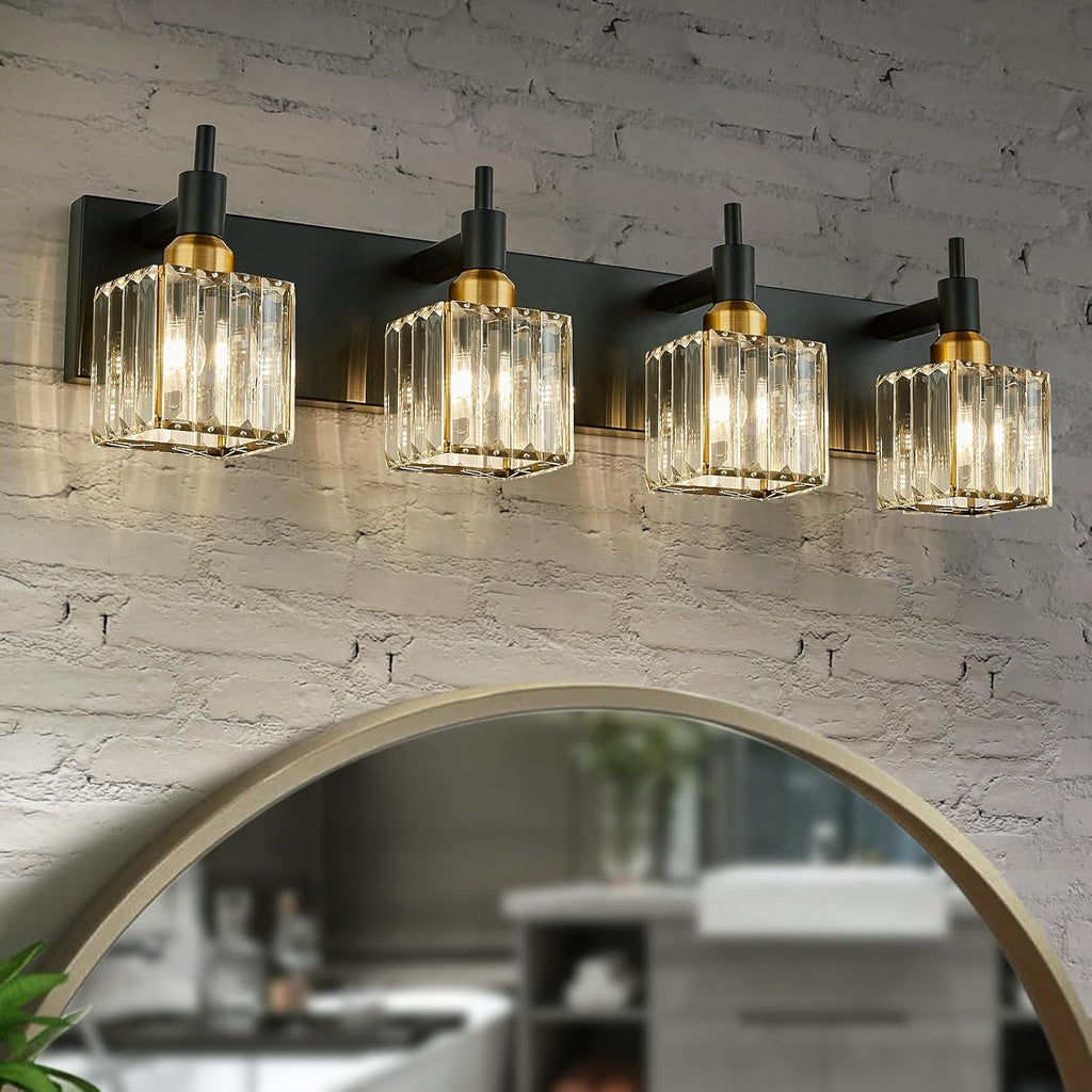Modern Crystal Bathroom Vanity Light 3-Light Brass Wall Light Fixtures Over Mirror Black and Gold Vanity Lighting for Bathroom Square Shade Brass Wall Sconce - Grand Goldman