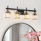 Modern Crystal Bathroom Vanity Light 3-Light Brass Wall Light Fixtures Over Mirror Black and Gold Vanity Lighting for Bathroom Square Shade Brass Wall Sconce - Grand Goldman
