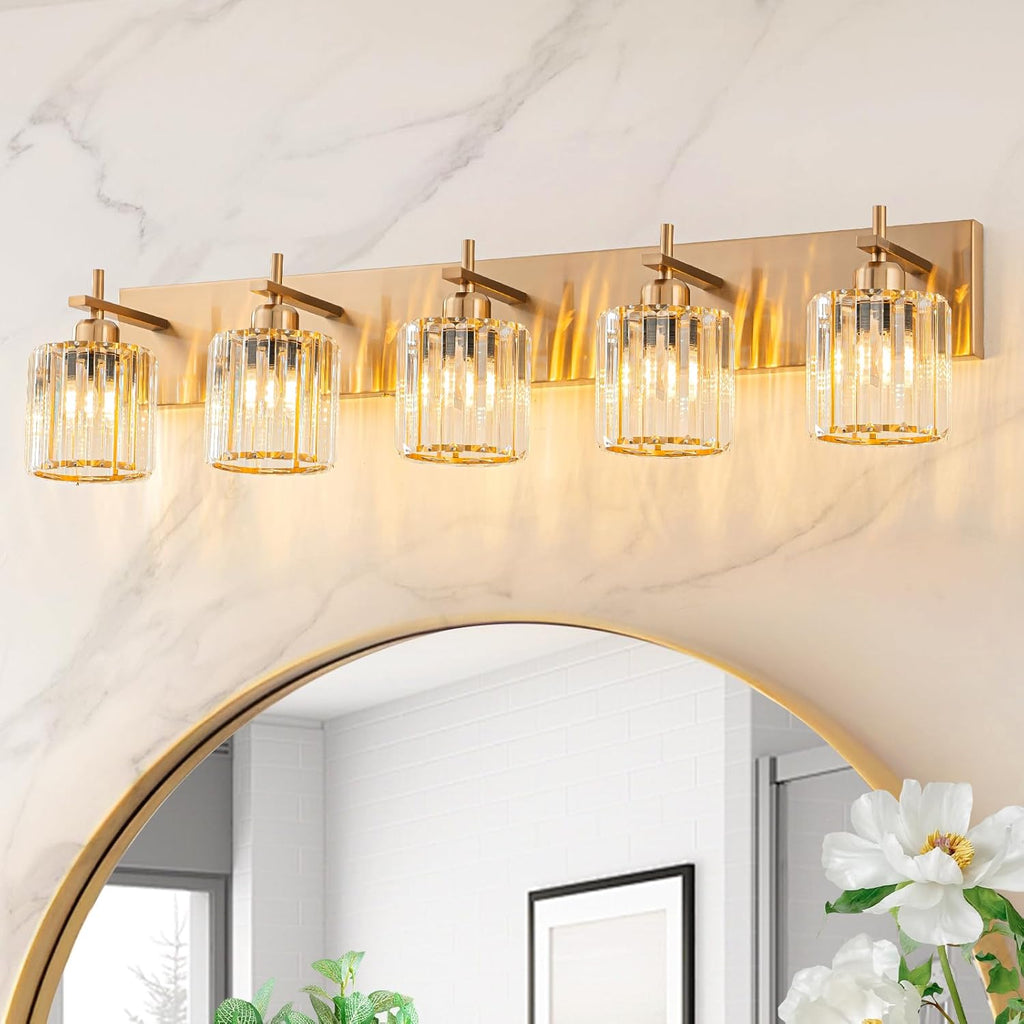 Modern Crystal Bathroom Vanity Light 3-Light Brass Wall Light Fixtures Over Mirror Black and Gold Vanity Lighting for Bathroom Square Shade Brass Wall Sconce - Grand Goldman