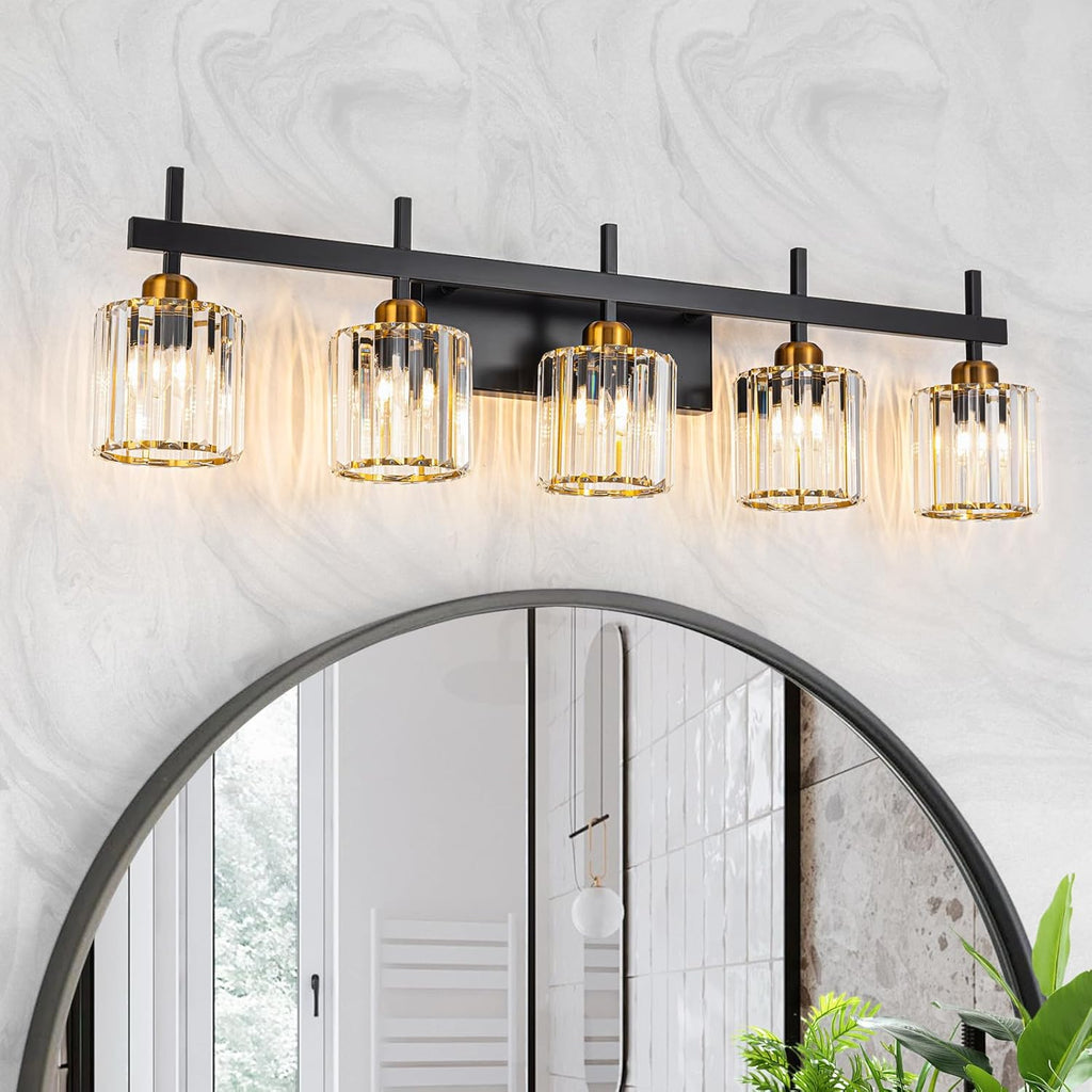 Modern Crystal Bathroom Vanity Light 3-Light Brass Wall Light Fixtures Over Mirror Black and Gold Vanity Lighting for Bathroom Square Shade Brass Wall Sconce - Grand Goldman