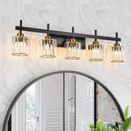 Modern Crystal Bathroom Vanity Light 3-Light Brass Wall Light Fixtures Over Mirror Black and Gold Vanity Lighting for Bathroom Square Shade Brass Wall Sconce - Grand Goldman