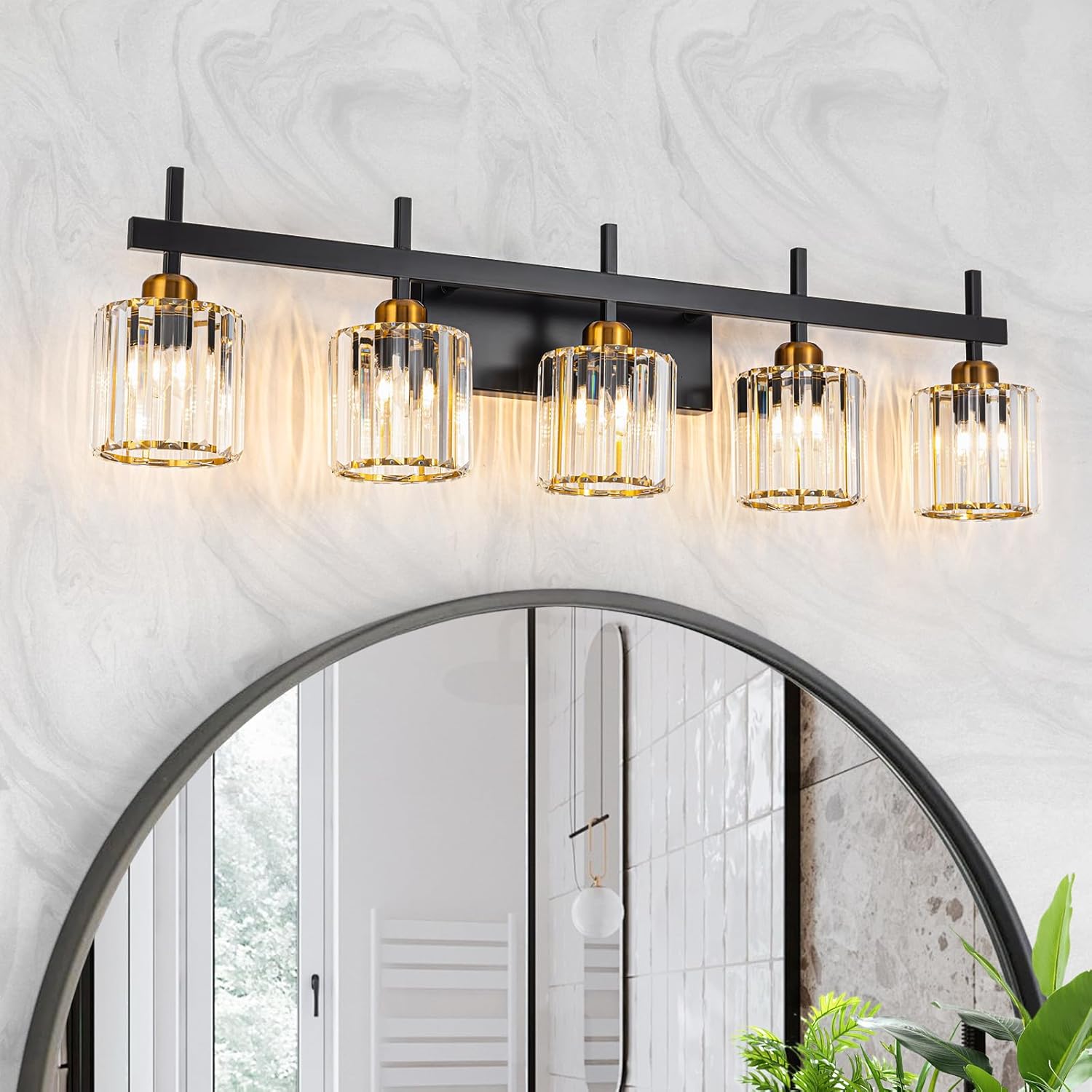 Modern Crystal Bathroom Vanity Light 3-Light Brass Wall Light Fixtures Over Mirror Black and Gold Vanity Lighting for Bathroom Square Shade Brass Wall Sconce - Grand Goldman