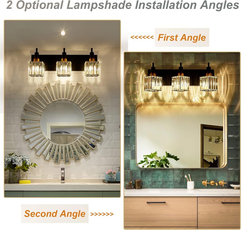 Modern Crystal Bathroom Vanity Light 3-Light Brass Wall Light Fixtures Over Mirror Black and Gold Vanity Lighting for Bathroom Square Shade Brass Wall Sconce - Grand Goldman