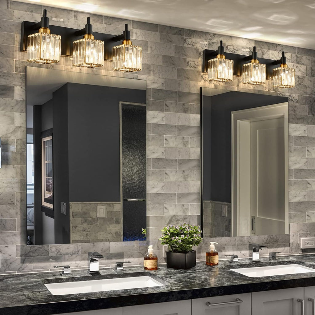 Modern Crystal Bathroom Vanity Light 3-Light Brass Wall Light Fixtures Over Mirror Black and Gold Vanity Lighting for Bathroom Square Shade Brass Wall Sconce - Grand Goldman