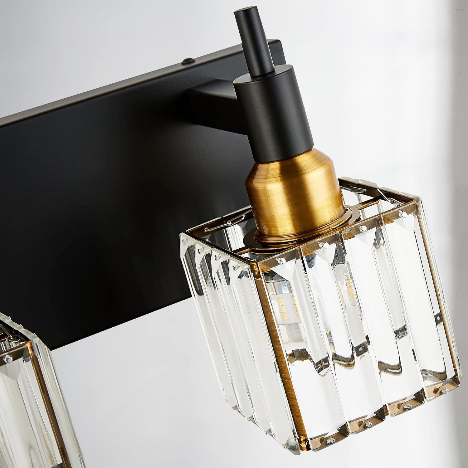 Modern Crystal Bathroom Vanity Light 3-Light Brass Wall Light Fixtures Over Mirror Black and Gold Vanity Lighting for Bathroom Square Shade Brass Wall Sconce - Grand Goldman