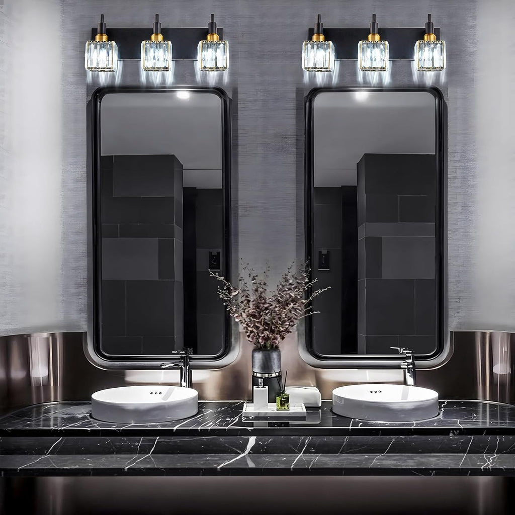 Modern Crystal Bathroom Vanity Light 3-Light Brass Wall Light Fixtures Over Mirror Black and Gold Vanity Lighting for Bathroom Square Shade Brass Wall Sconce - Grand Goldman