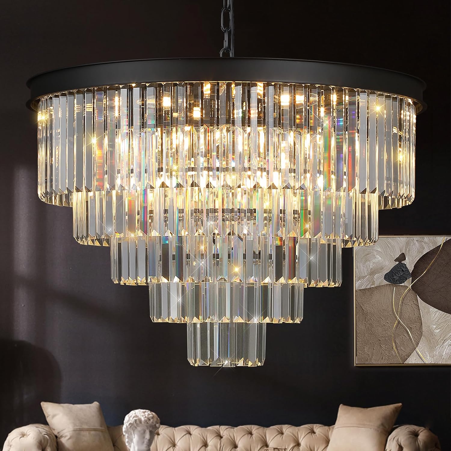 Modern Crystal Chandeliers 24" Round Top K9 Crystals Chandelier Adjustable Ceiling Light Fixture 4-Tier K9 Crystal Pendant Lamp 12-Light for Dinning Room Living Room Foyer - Grand Goldman