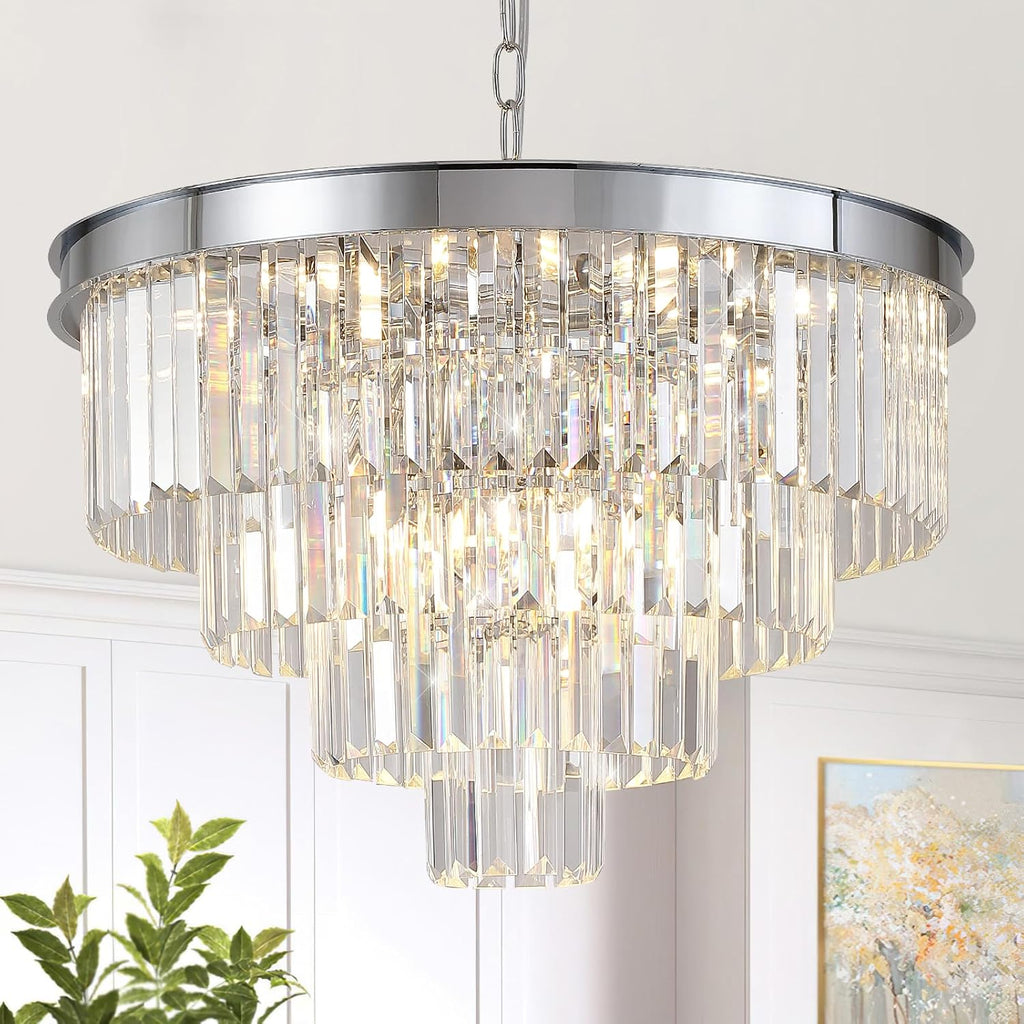 Modern Crystal Chandeliers 24" Round Top K9 Crystals Chandelier Adjustable Ceiling Light Fixture 4-Tier K9 Crystal Pendant Lamp 12-Light for Dinning Room Living Room Foyer - Grand Goldman