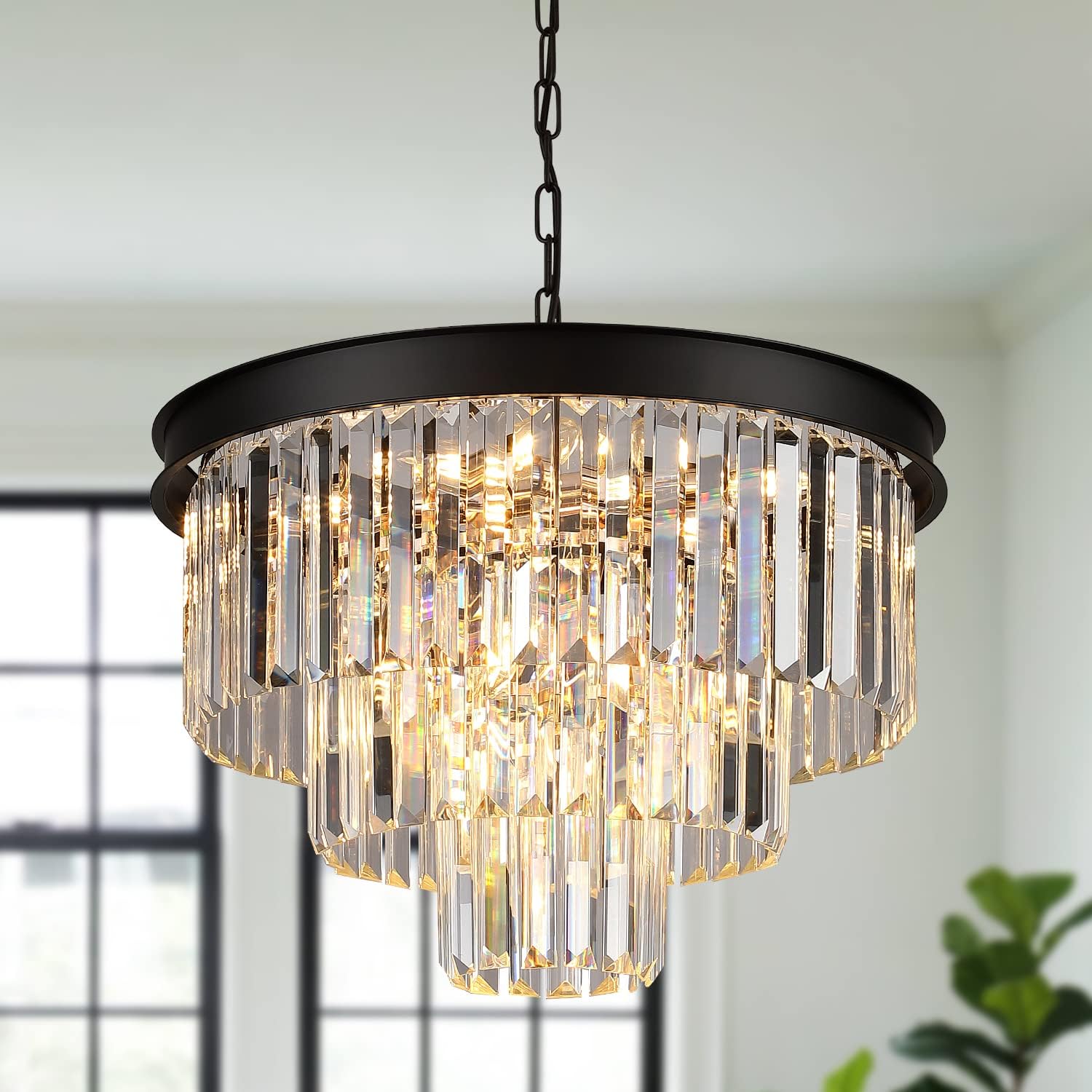 Modern Crystal Chandeliers 24" Round Top K9 Crystals Chandelier Adjustable Ceiling Light Fixture 4-Tier K9 Crystal Pendant Lamp 12-Light for Dinning Room Living Room Foyer - Grand Goldman