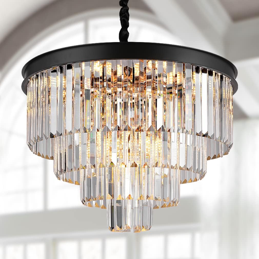Modern Crystal Chandeliers 24" Round Top K9 Crystals Chandelier Adjustable Ceiling Light Fixture 4-Tier K9 Crystal Pendant Lamp 12-Light for Dinning Room Living Room Foyer - Grand Goldman