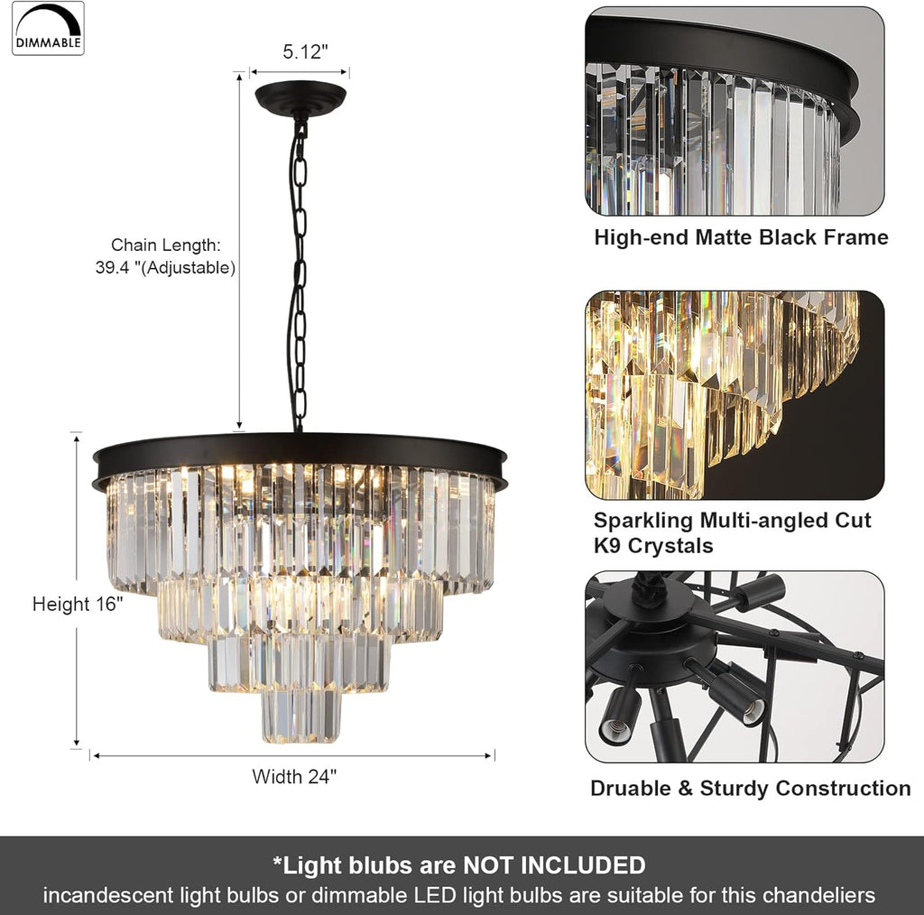 Modern Crystal Chandeliers 24" Round Top K9 Crystals Chandelier Adjustable Ceiling Light Fixture 4-Tier K9 Crystal Pendant Lamp 12-Light for Dinning Room Living Room Foyer - Grand Goldman