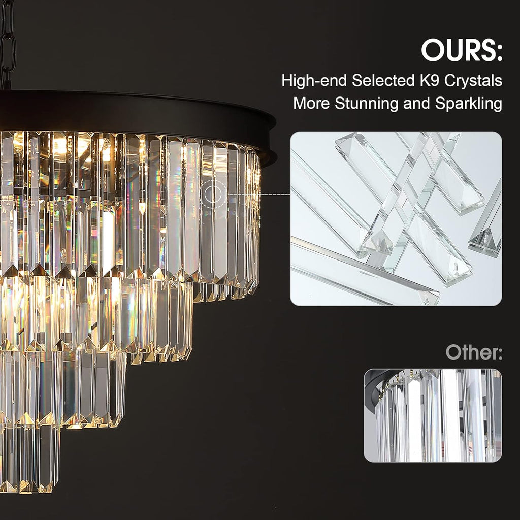 Modern Crystal Chandeliers 24" Round Top K9 Crystals Chandelier Adjustable Ceiling Light Fixture 4-Tier K9 Crystal Pendant Lamp 12-Light for Dinning Room Living Room Foyer - Grand Goldman