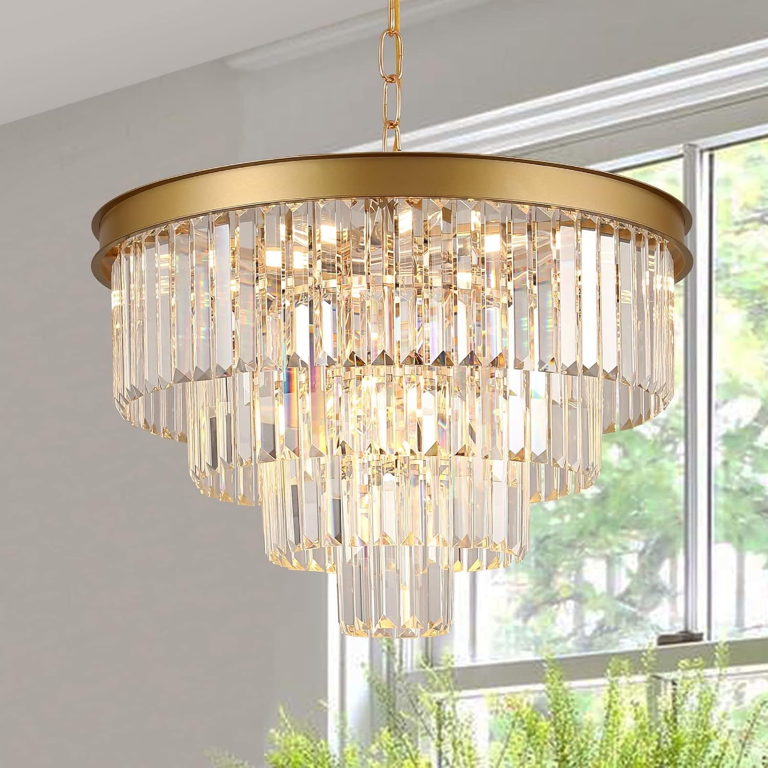Modern Crystal Chandeliers 24" Round Top K9 Crystals Chandelier Adjustable Ceiling Light Fixture 4-Tier K9 Crystal Pendant Lamp 12-Light for Dinning Room Living Room Foyer - Grand Goldman