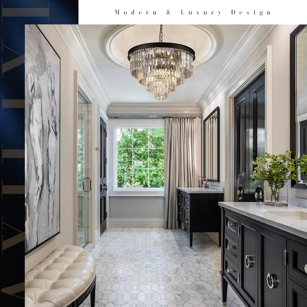 Modern Crystal Chandeliers 24" Round Top K9 Crystals Chandelier Adjustable Ceiling Light Fixture 4-Tier K9 Crystal Pendant Lamp 12-Light for Dinning Room Living Room Foyer - Grand Goldman