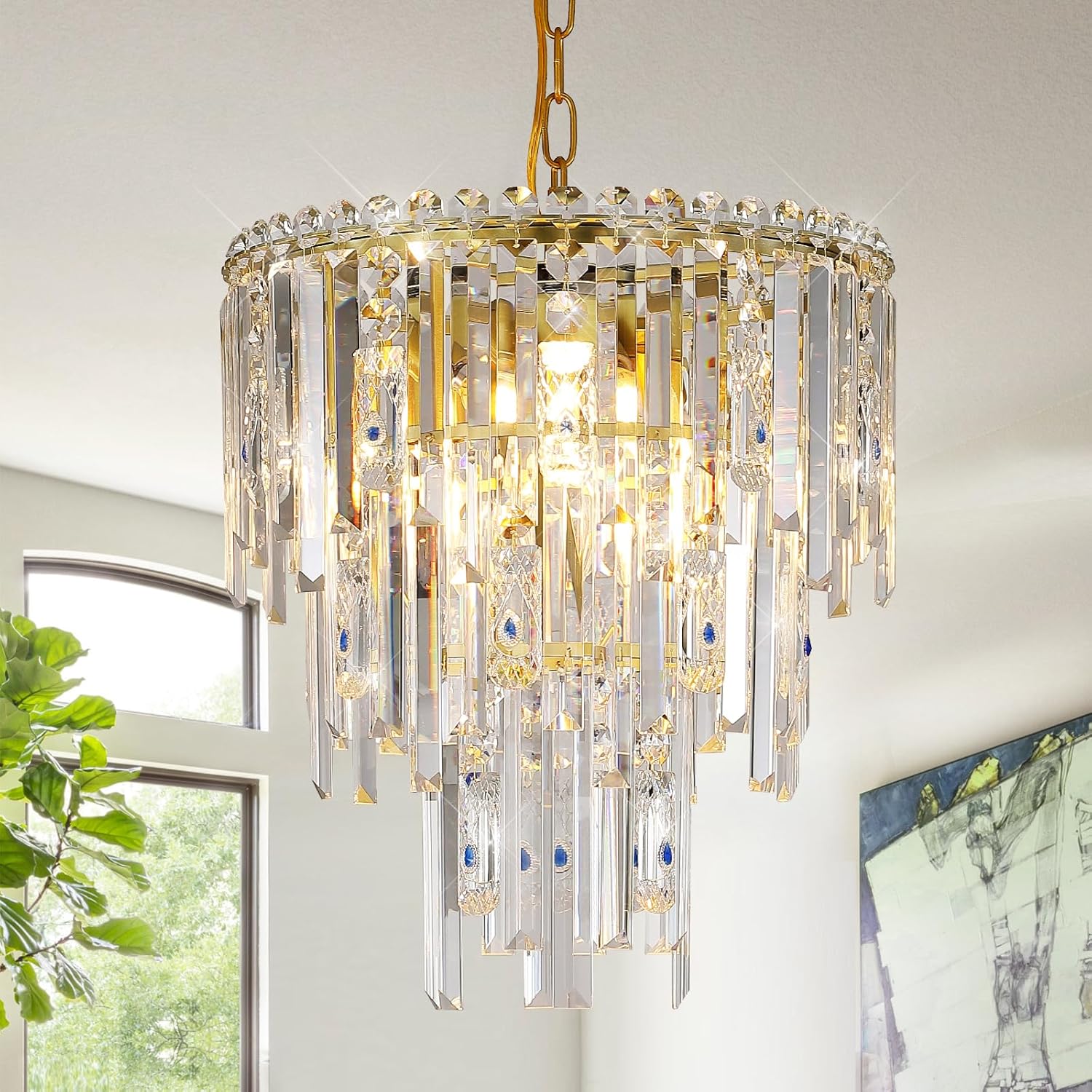 Modern Crystal Chandeliers 24" Round Top K9 Crystals Chandelier Adjustable Ceiling Light Fixture 4-Tier K9 Crystal Pendant Lamp 12-Light for Dinning Room Living Room Foyer - Grand Goldman