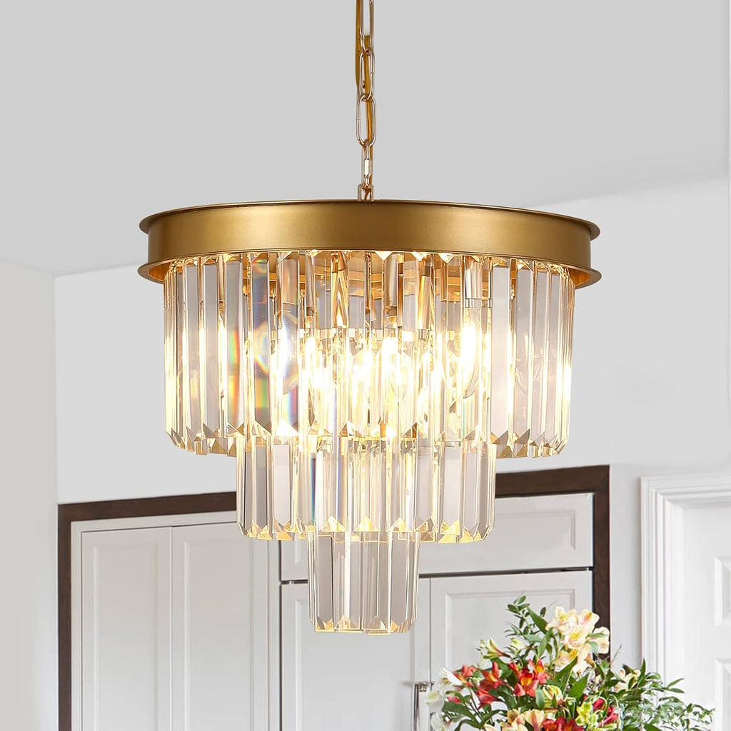 Modern Crystal Chandeliers 24" Round Top K9 Crystals Chandelier Adjustable Ceiling Light Fixture 4-Tier K9 Crystal Pendant Lamp 12-Light for Dinning Room Living Room Foyer - Grand Goldman