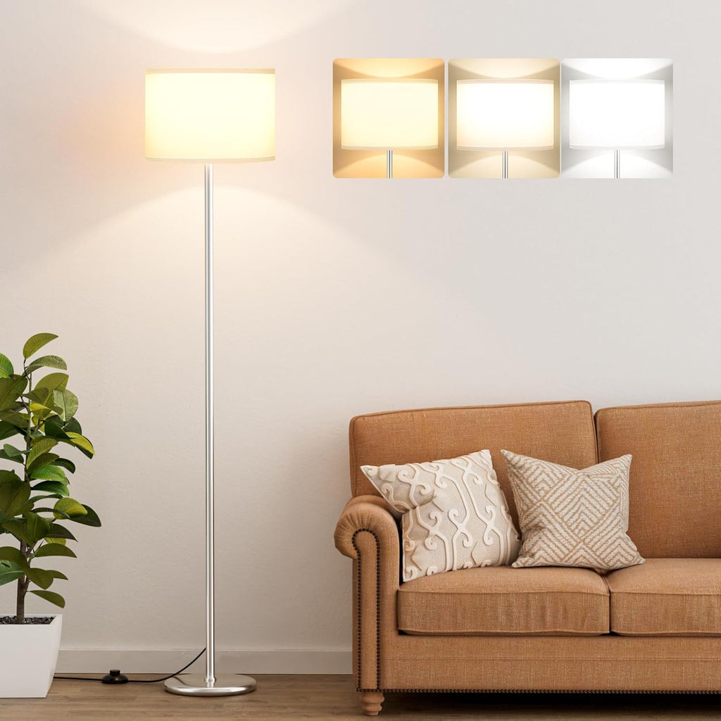 Modern Floor Lamp Simple Design with White Shade, Foot Pedal Switch, 60" Small Tall Lamps for Living Room Bedroom Office Dining Room Kitchen, Black Pole Lamp(Without Bulb) - Grand Goldman