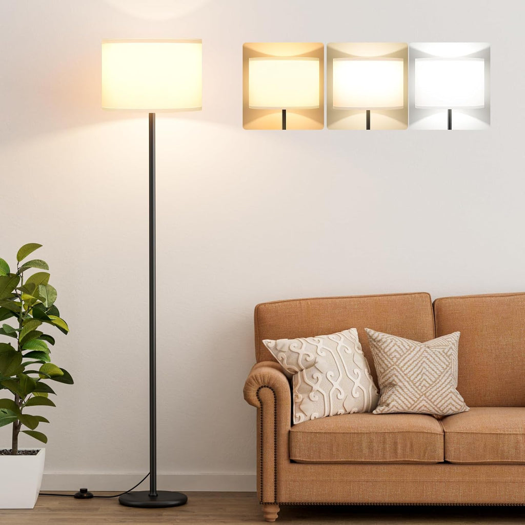 Modern Floor Lamp Simple Design with White Shade, Foot Pedal Switch, 60" Small Tall Lamps for Living Room Bedroom Office Dining Room Kitchen, Black Pole Lamp(Without Bulb) - Grand Goldman