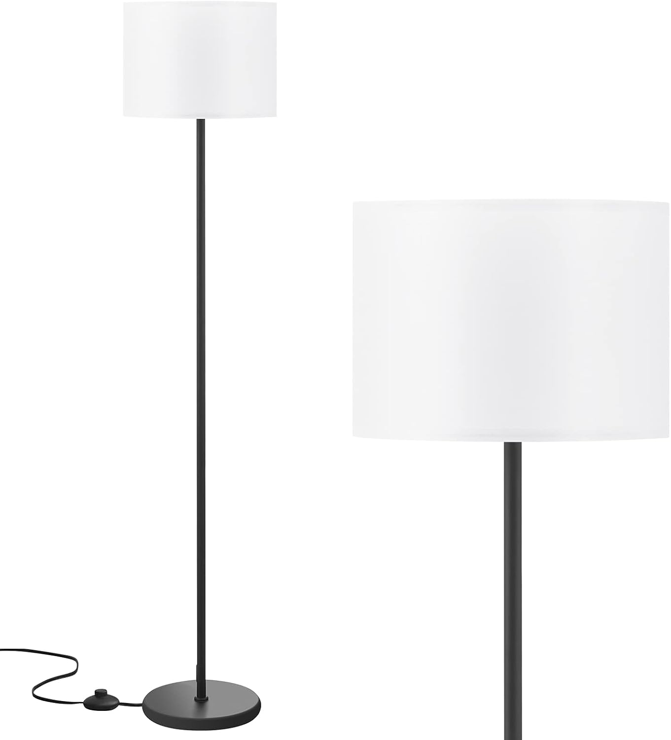 Modern Floor Lamp Simple Design with White Shade, Foot Pedal Switch, 60" Small Tall Lamps for Living Room Bedroom Office Dining Room Kitchen, Black Pole Lamp(Without Bulb) - Grand Goldman