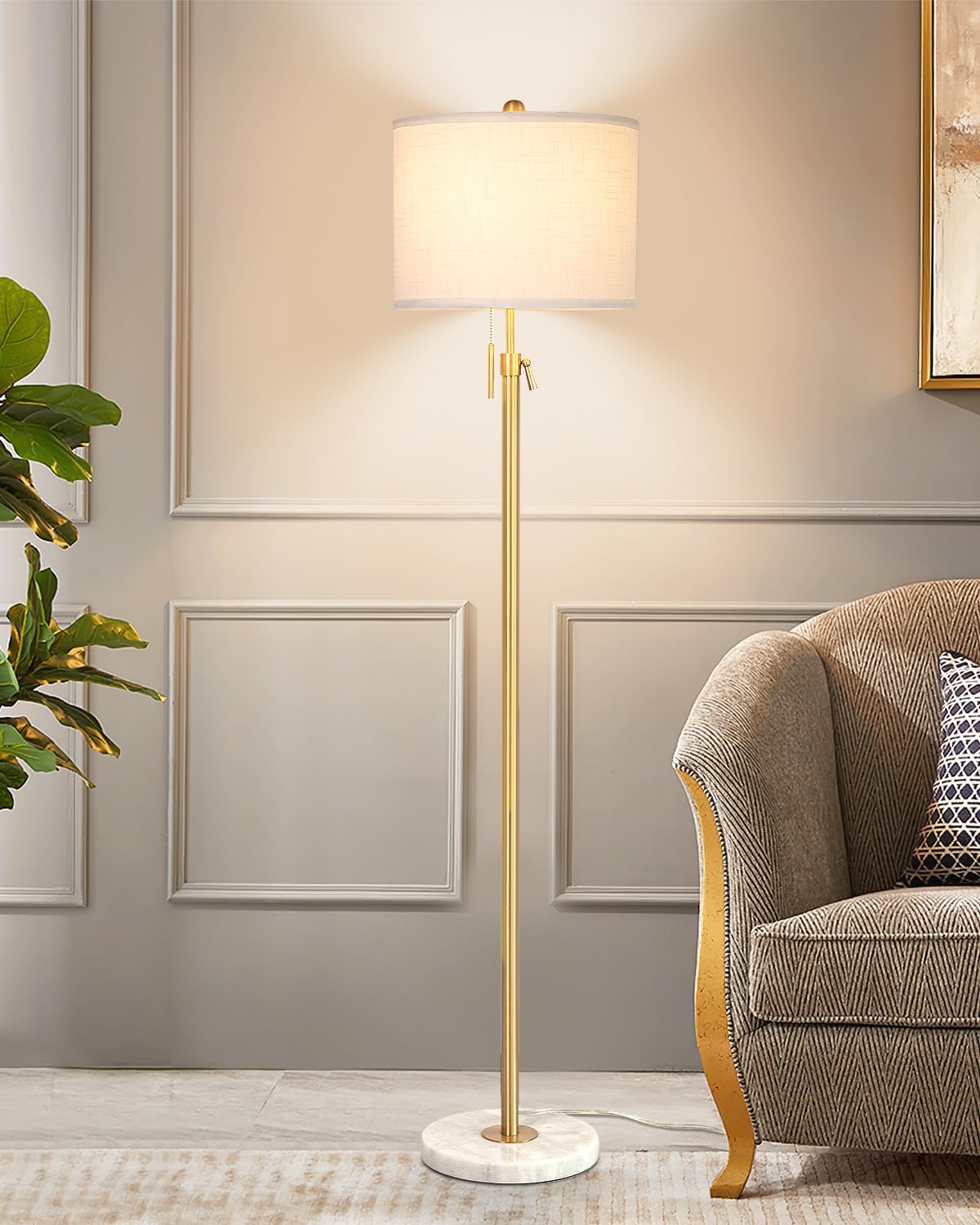 Modern Floor Lamp for Living Room, Adjustable Height Standing Lamp with Marble Base, 3-Way Dimmable Gold Brass Tall Pole Light with White Linen Shade for Reading, Bedroom, Chain Switch, Bulb Included - Grand Goldman