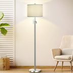 Modern Floor Lamp for Living Room, Adjustable Height Standing Lamp with Marble Base, 3-Way Dimmable Gold Brass Tall Pole Light with White Linen Shade for Reading, Bedroom, Chain Switch, Bulb Included - Grand Goldman
