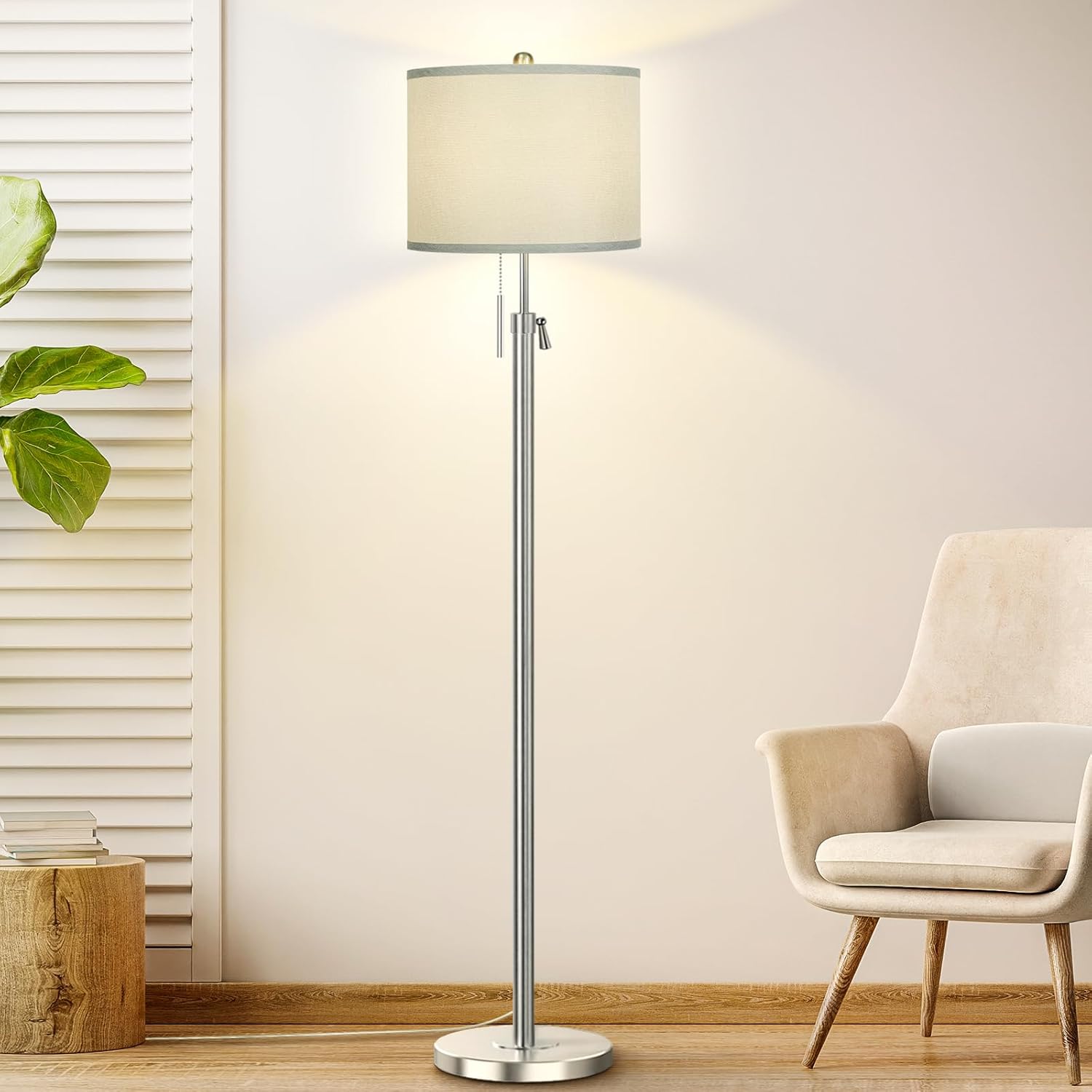 Modern Floor Lamp for Living Room, Adjustable Height Standing Lamp with Marble Base, 3-Way Dimmable Gold Brass Tall Pole Light with White Linen Shade for Reading, Bedroom, Chain Switch, Bulb Included - Grand Goldman