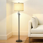 Modern Floor Lamp for Living Room, Adjustable Height Standing Lamp with Marble Base, 3-Way Dimmable Gold Brass Tall Pole Light with White Linen Shade for Reading, Bedroom, Chain Switch, Bulb Included - Grand Goldman
