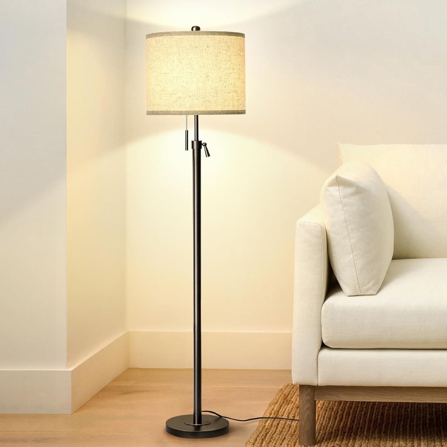 Modern Floor Lamp for Living Room, Adjustable Height Standing Lamp with Marble Base, 3-Way Dimmable Gold Brass Tall Pole Light with White Linen Shade for Reading, Bedroom, Chain Switch, Bulb Included - Grand Goldman