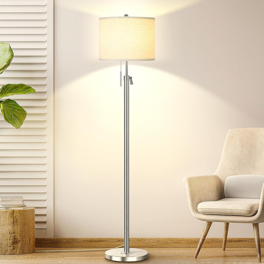 Modern Floor Lamp for Living Room, Adjustable Height Standing Lamp with Marble Base, 3-Way Dimmable Gold Brass Tall Pole Light with White Linen Shade for Reading, Bedroom, Chain Switch, Bulb Included - Grand Goldman