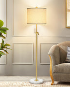 Modern Floor Lamp for Living Room, Adjustable Height Standing Lamp with Marble Base, 3-Way Dimmable Gold Brass Tall Pole Light with White Linen Shade for Reading, Bedroom, Chain Switch, Bulb Included - Grand Goldman