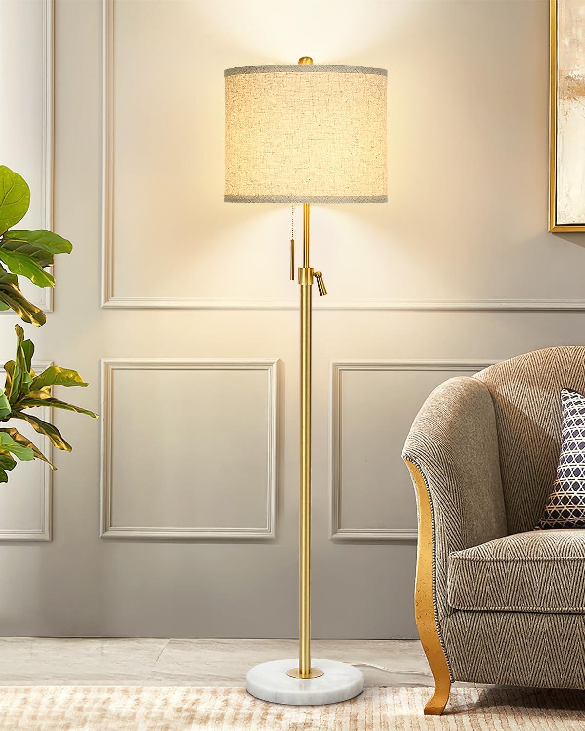 Modern Floor Lamp for Living Room, Adjustable Height Standing Lamp with Marble Base, 3-Way Dimmable Gold Brass Tall Pole Light with White Linen Shade for Reading, Bedroom, Chain Switch, Bulb Included - Grand Goldman