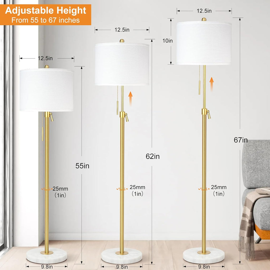 Modern Floor Lamp for Living Room, Adjustable Height Standing Lamp with Marble Base, 3-Way Dimmable Gold Brass Tall Pole Light with White Linen Shade for Reading, Bedroom, Chain Switch, Bulb Included - Grand Goldman