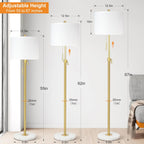 Modern Floor Lamp for Living Room, Adjustable Height Standing Lamp with Marble Base, 3-Way Dimmable Gold Brass Tall Pole Light with White Linen Shade for Reading, Bedroom, Chain Switch, Bulb Included - Grand Goldman