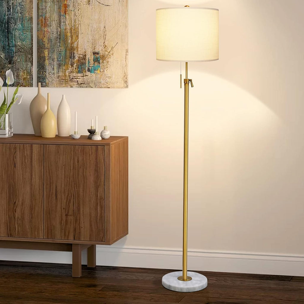 Modern Floor Lamp for Living Room, Adjustable Height Standing Lamp with Marble Base, 3-Way Dimmable Gold Brass Tall Pole Light with White Linen Shade for Reading, Bedroom, Chain Switch, Bulb Included - Grand Goldman