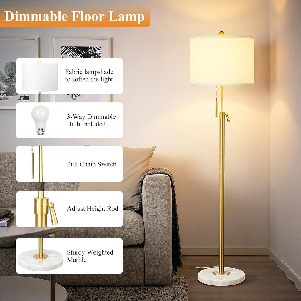 Modern Floor Lamp for Living Room, Adjustable Height Standing Lamp with Marble Base, 3-Way Dimmable Gold Brass Tall Pole Light with White Linen Shade for Reading, Bedroom, Chain Switch, Bulb Included - Grand Goldman