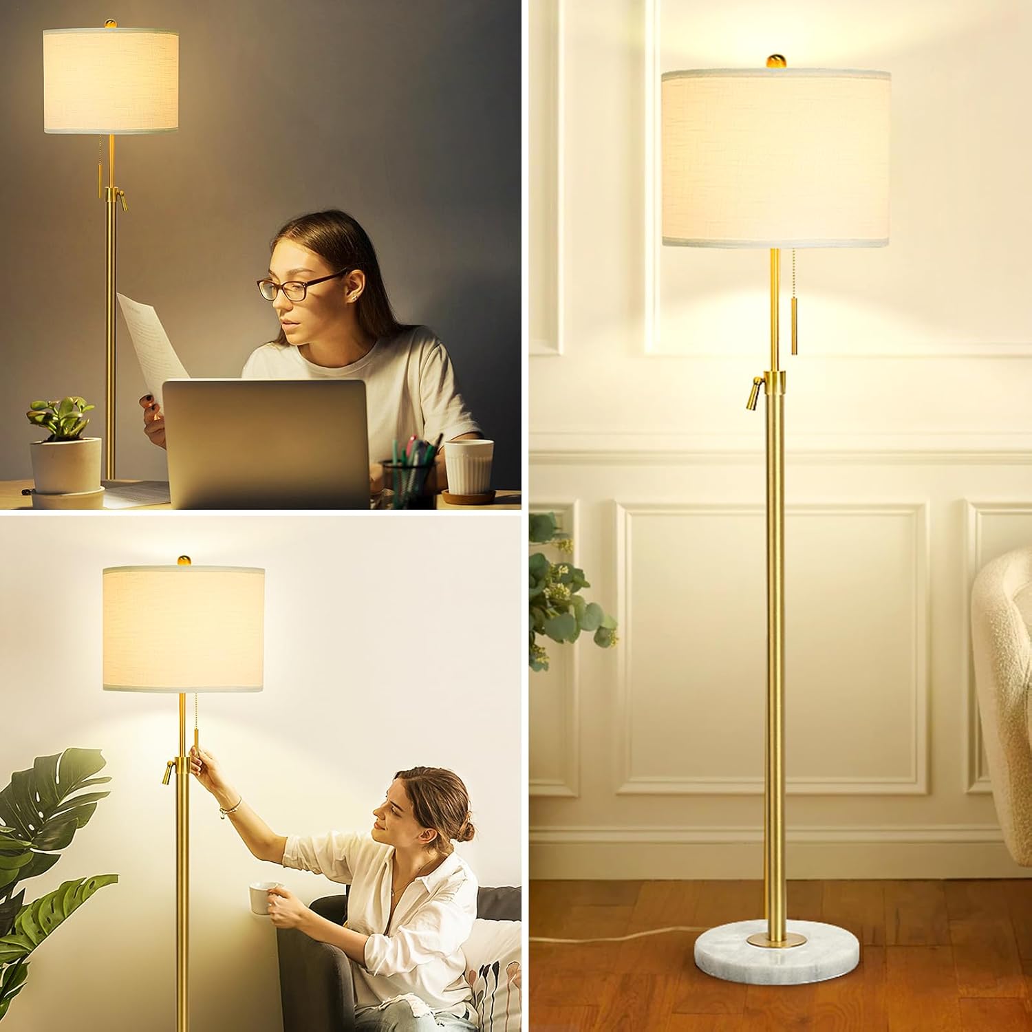 Modern Floor Lamp for Living Room, Adjustable Height Standing Lamp with Marble Base, 3-Way Dimmable Gold Brass Tall Pole Light with White Linen Shade for Reading, Bedroom, Chain Switch, Bulb Included - Grand Goldman
