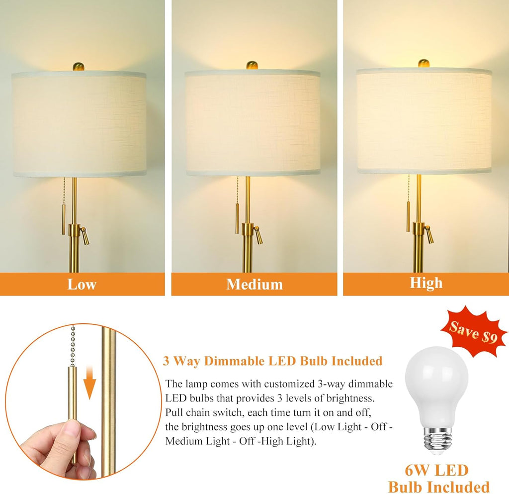 Modern Floor Lamp for Living Room, Adjustable Height Standing Lamp with Marble Base, 3-Way Dimmable Gold Brass Tall Pole Light with White Linen Shade for Reading, Bedroom, Chain Switch, Bulb Included - Grand Goldman