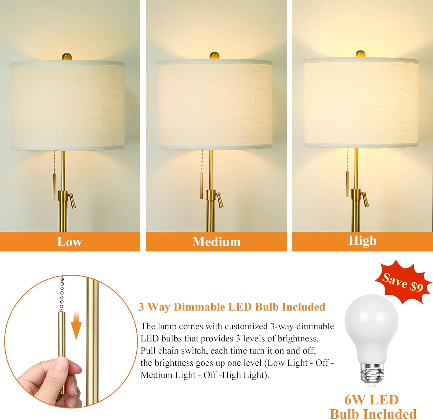 Modern Floor Lamp for Living Room, Adjustable Height Standing Lamp with Marble Base, 3-Way Dimmable Gold Brass Tall Pole Light with White Linen Shade for Reading, Bedroom, Chain Switch, Bulb Included - Grand Goldman