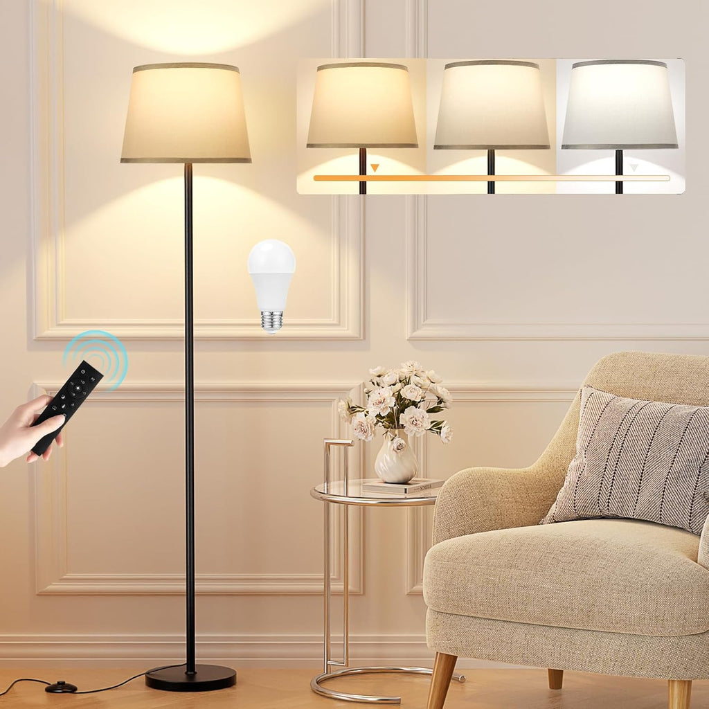 Modern Floor Lamp with Adjustable Brightness, Remote Control, Black, LED Bulbs, White Shade, Foot Switch, Easy Assembly - Grand Goldman