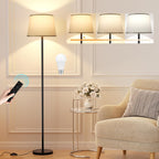 Modern Floor Lamp with Adjustable Brightness, Remote Control, Black, LED Bulbs, White Shade, Foot Switch, Easy Assembly - Grand Goldman