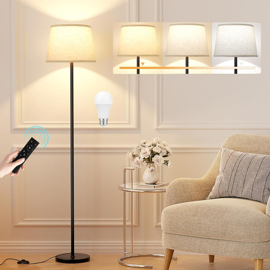 Modern Floor Lamp with Adjustable Brightness, Remote Control, Black, LED Bulbs, White Shade, Foot Switch, Easy Assembly - Grand Goldman