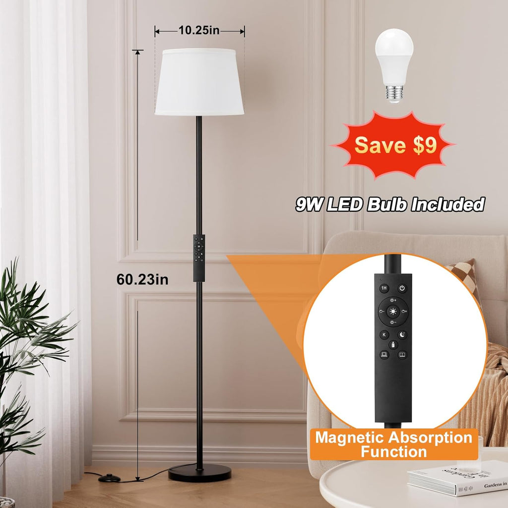 Modern Floor Lamp with Adjustable Brightness, Remote Control, Black, LED Bulbs, White Shade, Foot Switch, Easy Assembly - Grand Goldman