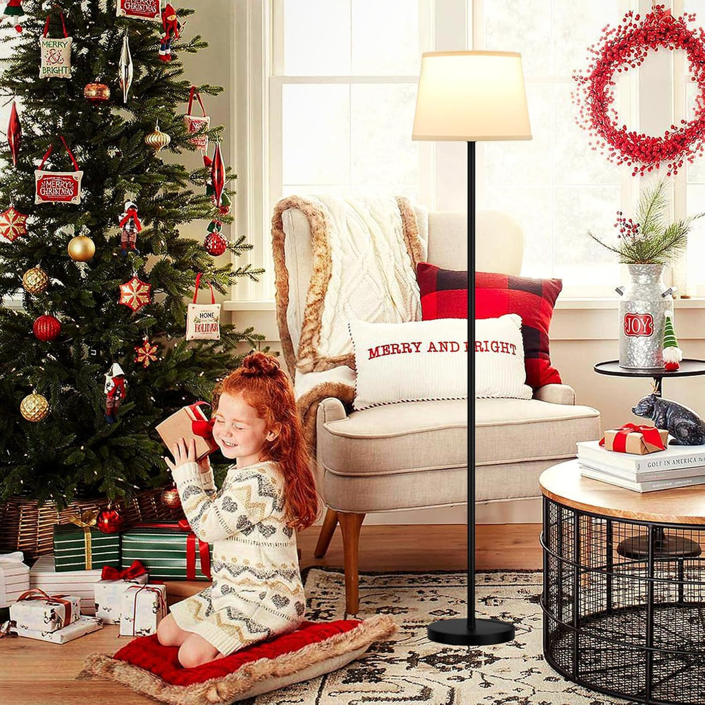 Modern Floor Lamp with Adjustable Brightness, Remote Control, Black, LED Bulbs, White Shade, Foot Switch, Easy Assembly - Grand Goldman