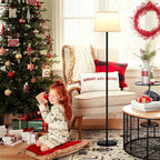 Modern Floor Lamp with Adjustable Brightness, Remote Control, Black, LED Bulbs, White Shade, Foot Switch, Easy Assembly - Grand Goldman