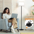 Modern Floor Lamp with Adjustable Brightness, Remote Control, Black, LED Bulbs, White Shade, Foot Switch, Easy Assembly - Grand Goldman