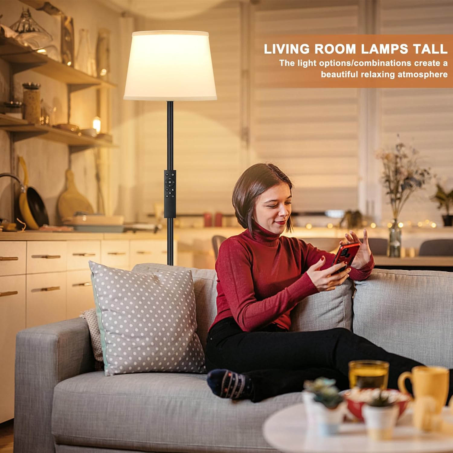 Modern Floor Lamp with Adjustable Brightness, Remote Control, Black, LED Bulbs, White Shade, Foot Switch, Easy Assembly - Grand Goldman