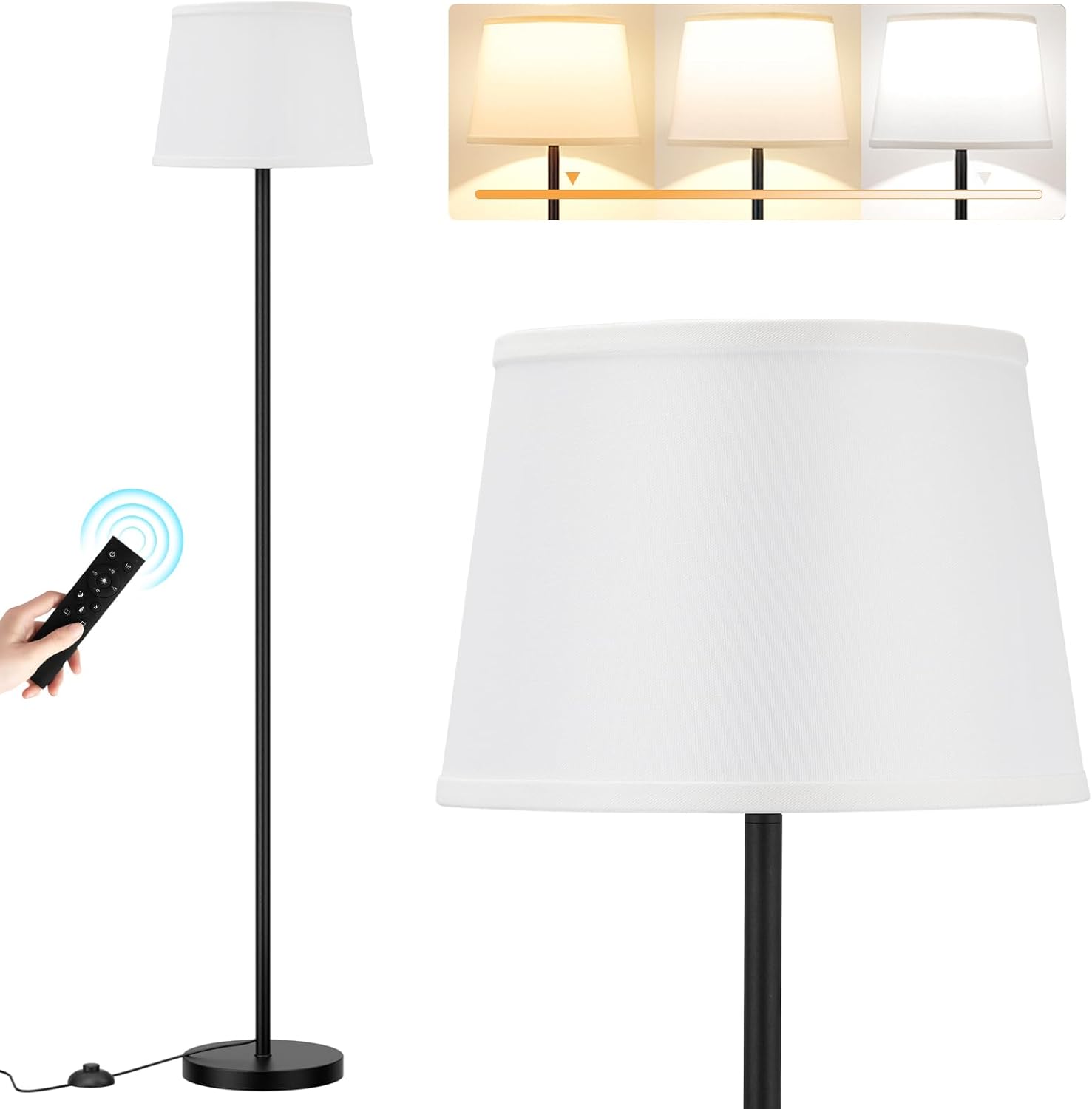 Modern Floor Lamp with Adjustable Brightness, Remote Control, Black, LED Bulbs, White Shade, Foot Switch, Easy Assembly - Grand Goldman