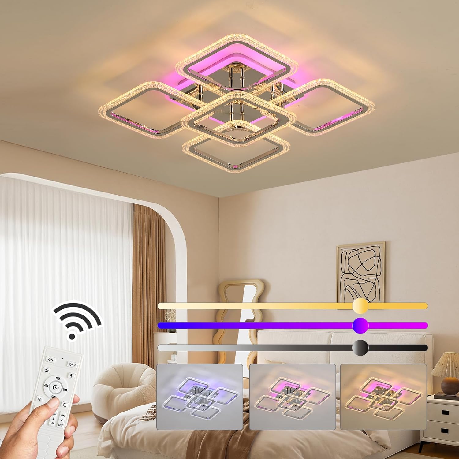 Modern LED Ceiling Light,Dimmable Ceiling Lights for Bedroom,70W Flush Mount Ceiling Light,6 Rings Lighting Fixture LED Ceiling Lamp for Kitchen,Living Room,Laundry Room,3000-6000K,Black - Grand Goldman